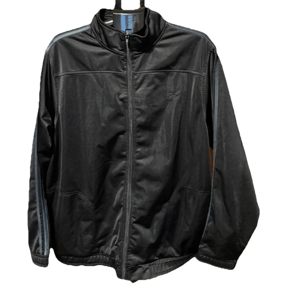 Starter Mens 2X Black Gray Stripe Windbreaker Lined Track Jacket Stretch Hip Hop